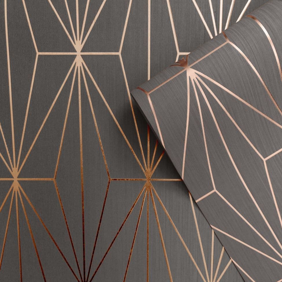 Muriva Kayla Luxury Geometric Charcoal & Rose Gold 703015 Wallpaper